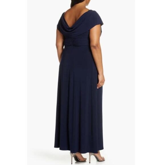 NEW ALEX EVENINGS Navy Cowl Neck Beaded Waist Evening Gown Size 14 - Picture 2 of 8